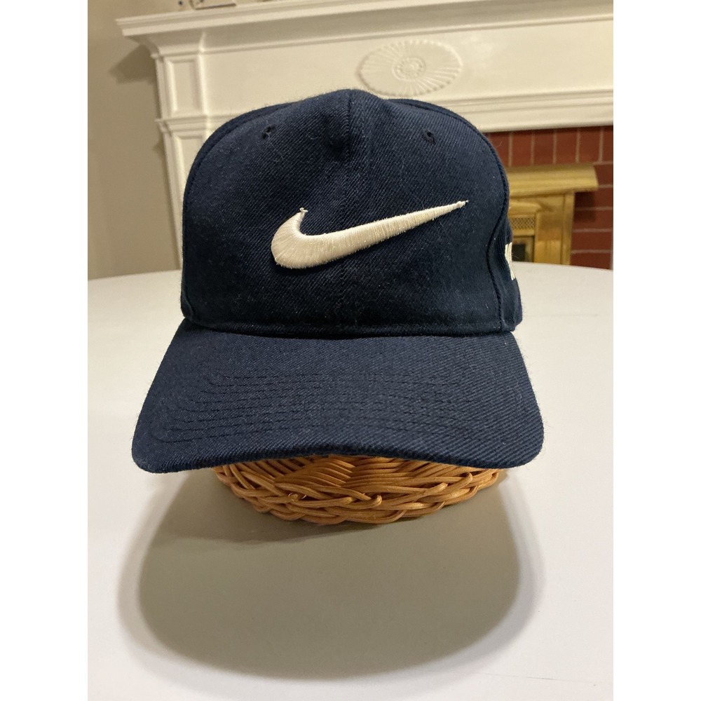 VTG Y2K Nike Navy Blue Wool Blend Swoosh Baseball Cap Hat Embroidered